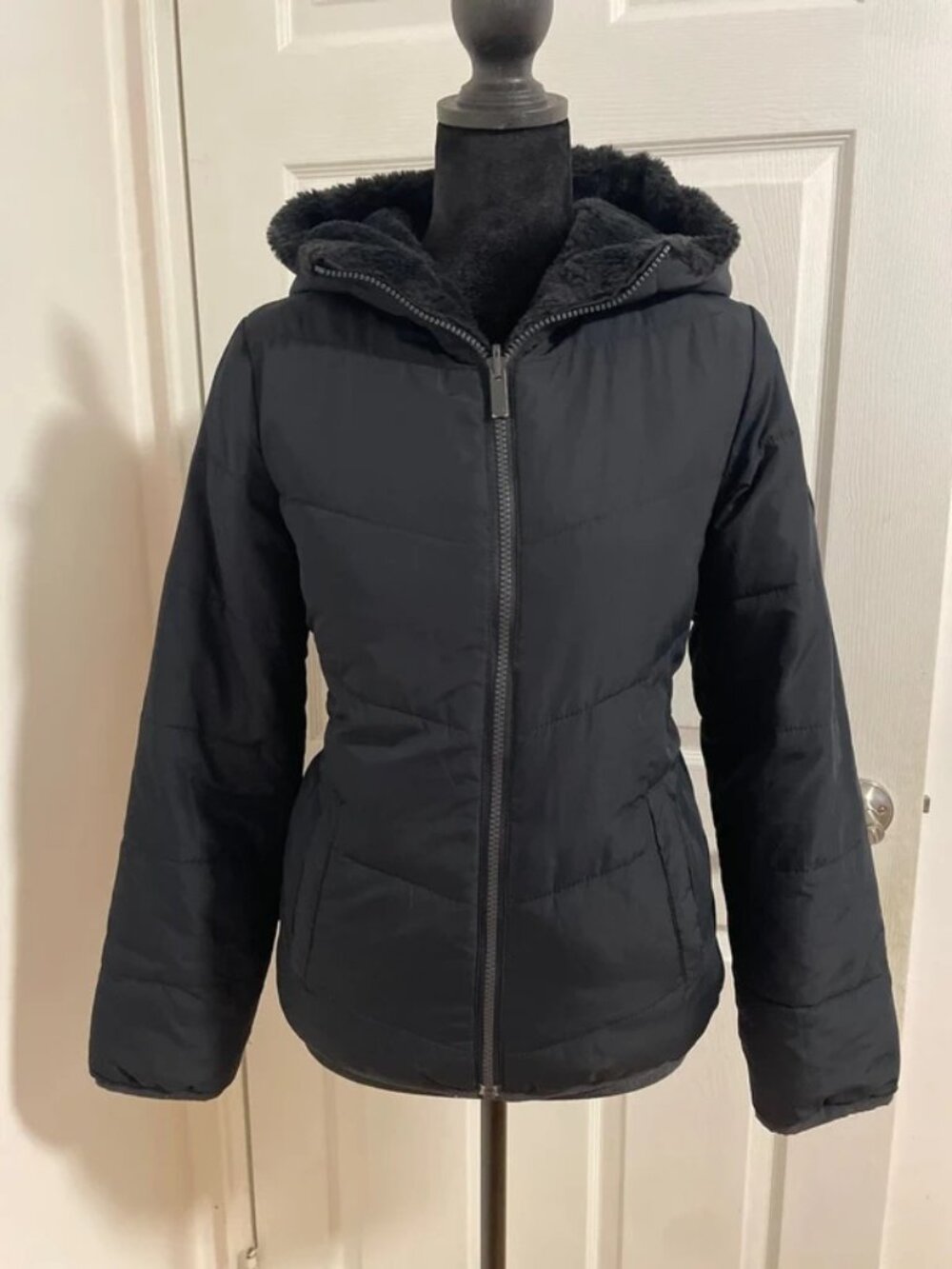 Abercrombie Kids Black Reversible Hooded Puffer Jacket XXS 13/14